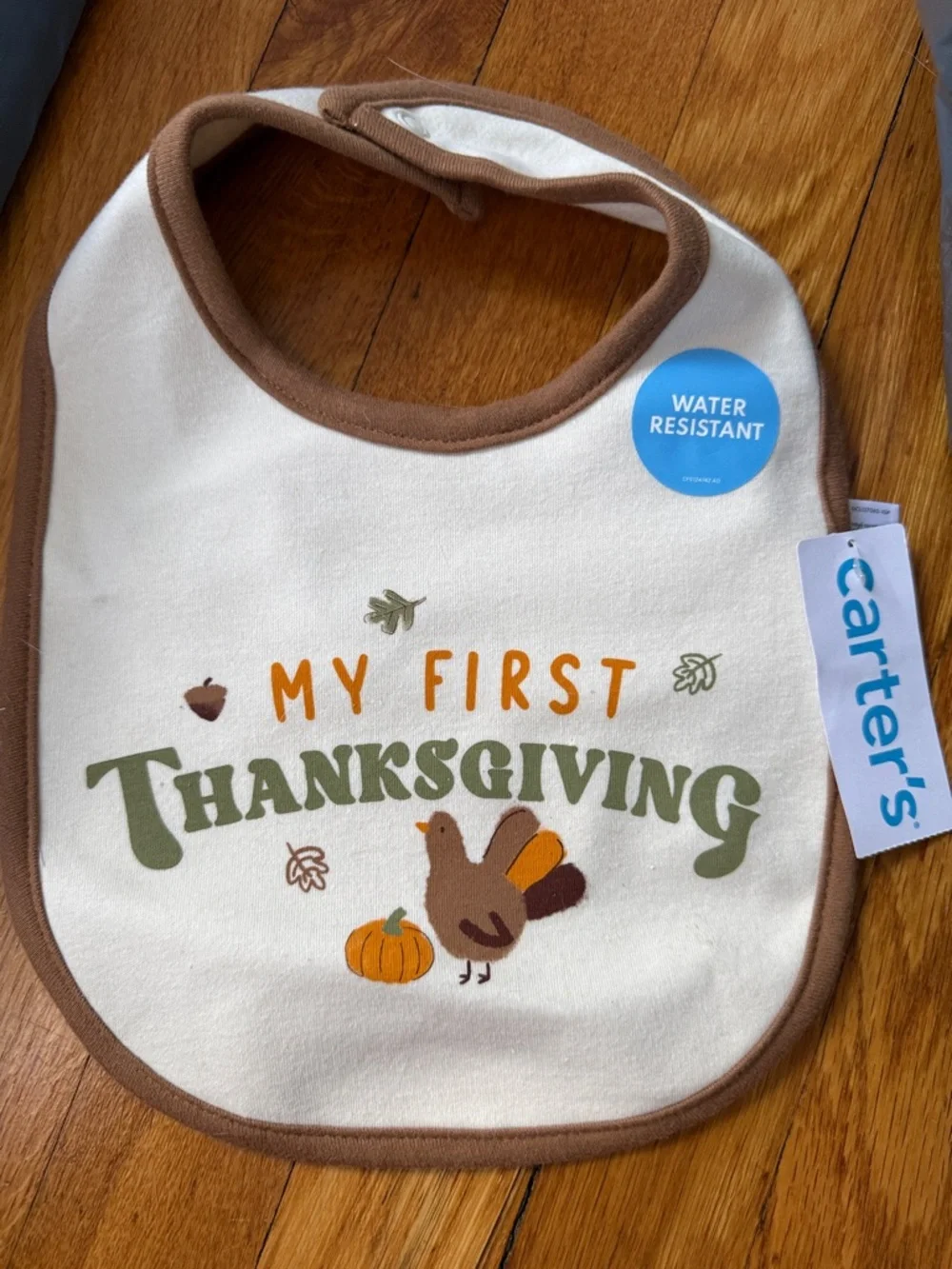 Carter's Cream Baby Bib with Brown Trim and Thanksgiving Print